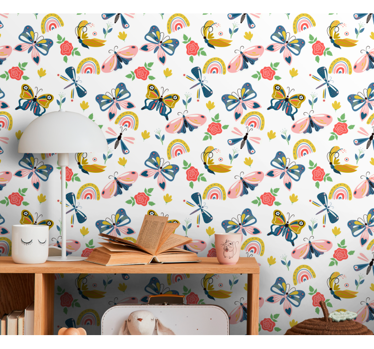 Rainbow with butterfly Nursery Wallpaper - TenStickers