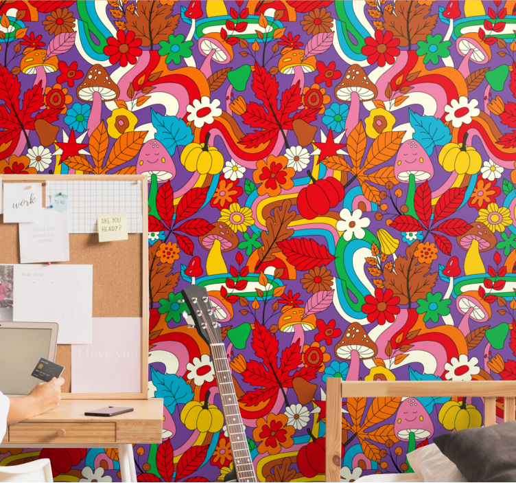 retro colorful psychedelic pattern Flowery Wallpaper - TenStickers