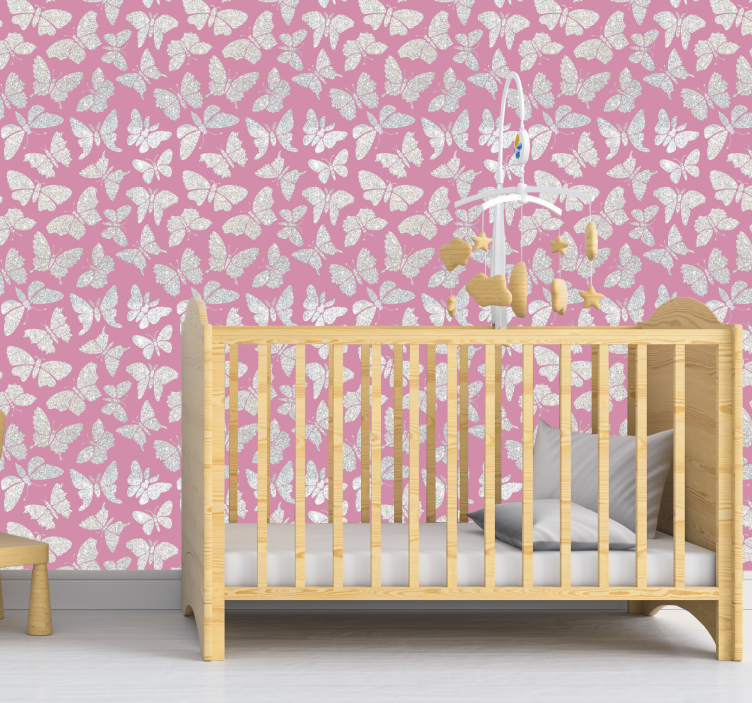 Silver butterflies on pink background wallpaper - TenStickers