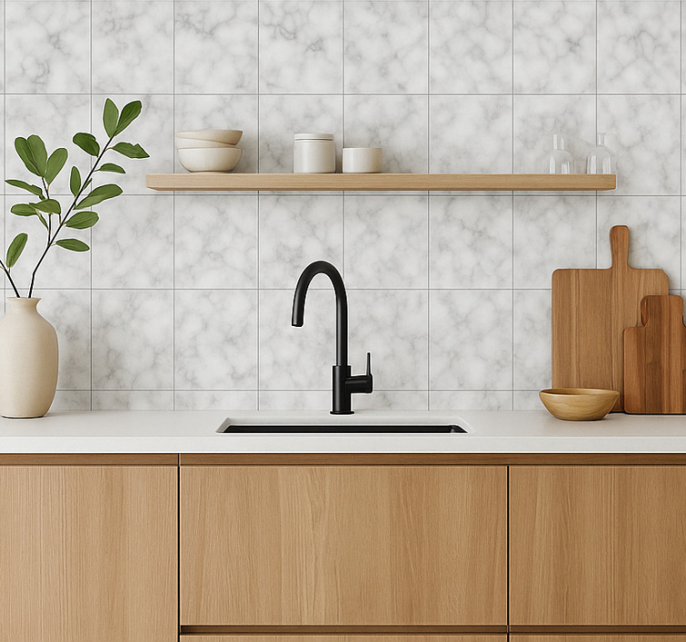 Square white marble tile kitchen wallpaper - TenStickers
