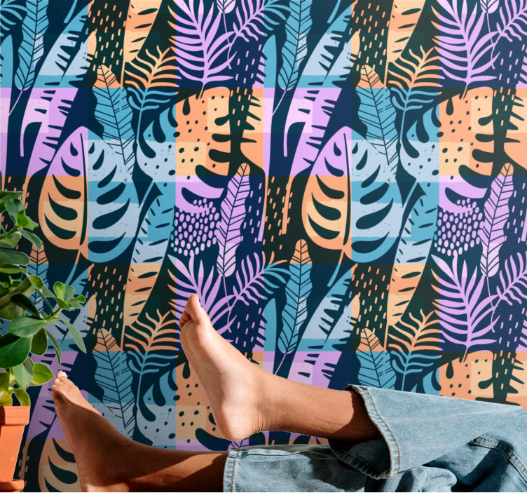 Tropical colored art leaves wallpaper - TenStickers