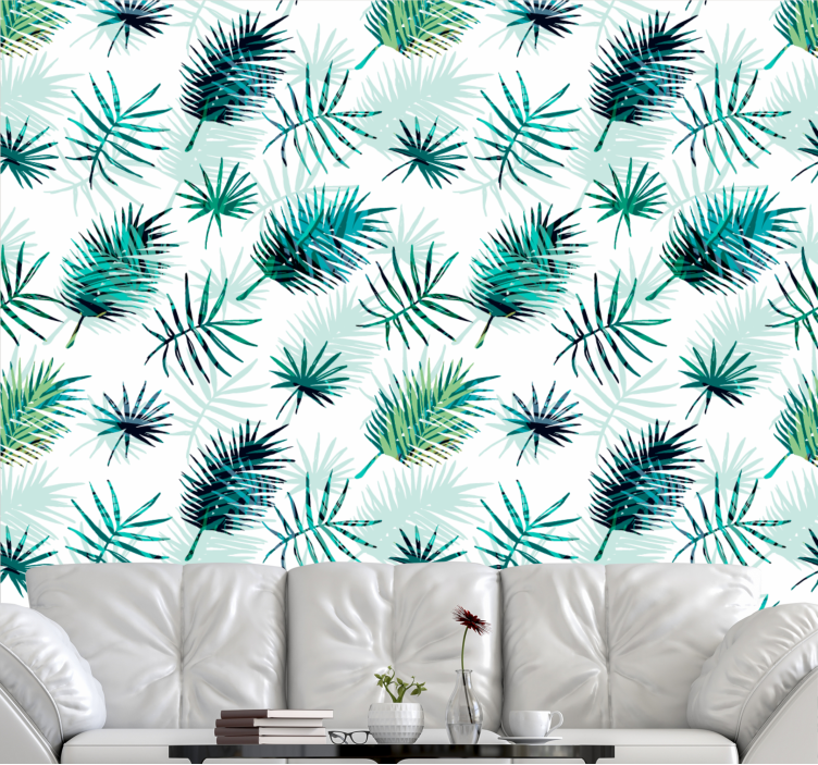 Green tropical leaf display living area wallpaper - TenStickers