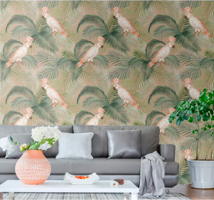 White parrots on beige palms room wallpaper - TenStickers