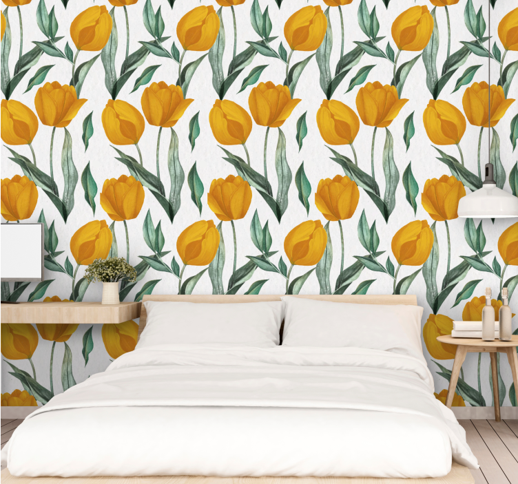 Yellow tulips oil painting pattern wallpaper - TenStickers