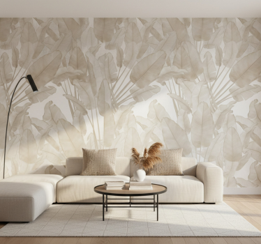 Living area wallpaper beige banana leaf - TenStickers