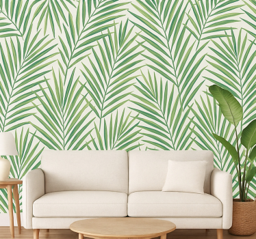 Living area wallpaper tropical thin green leaves - TenStickers