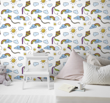 Rainbow , sun and kite Kids Wallpaper - TenStickers